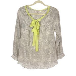 Rebecca Taylor Silk Blouse Womens 4 Gray Snakeskin Print yellow Tie Ribbon top